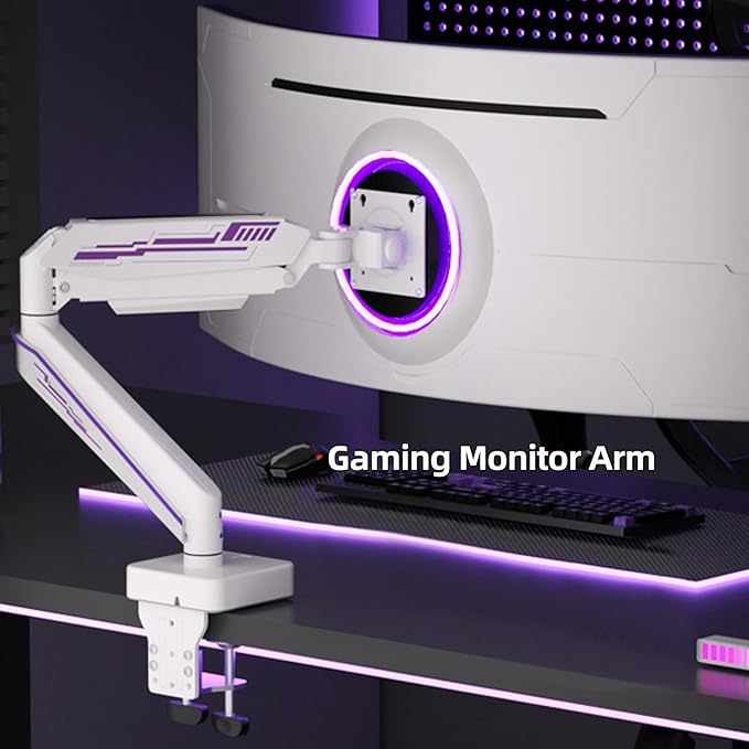 Heavy Duty Monitor Arm for Ultrawide Screen up to 49 inches,44 lbs,Gas Spring Desk Mount Stand, Premium Fully Adjustable Bracket with C Clamp, Grommet Base, VESA 75x75/100x100mm (White)