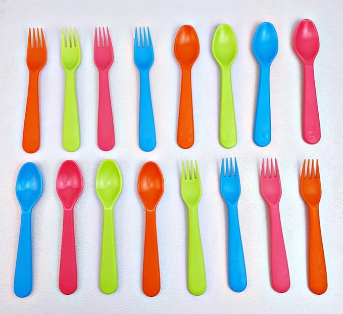 Jawbush 16 Pcs Kids Utensils Set, Plastic Kids Forks and Spoons Set, Reusable Toddler Utensils Kids Silverware Cutlery Set, Durable Flatware Set for Lunch Box, Easy to Use for Kids and Adults,BPA Free