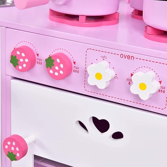 Fireflowery Wooden Play Kitchen, Play Cooking Set w/Sink, Stovetop, Fridge, Microwave, Pretend Kid Kitchen Set for Toddlers, Gift for Ages 3+