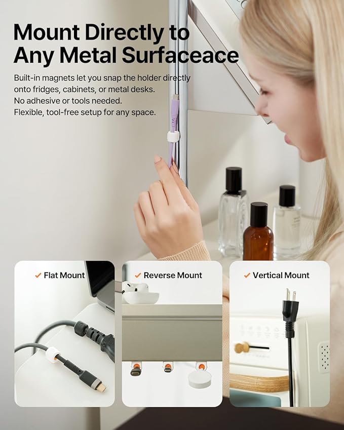 6 Pack Sinjimoru Magnetic Cable Clips, Compact Size Cord Organizer & Cable Management for Desk, Nightstand & Car, Fits up to 7.5mm Cables, White