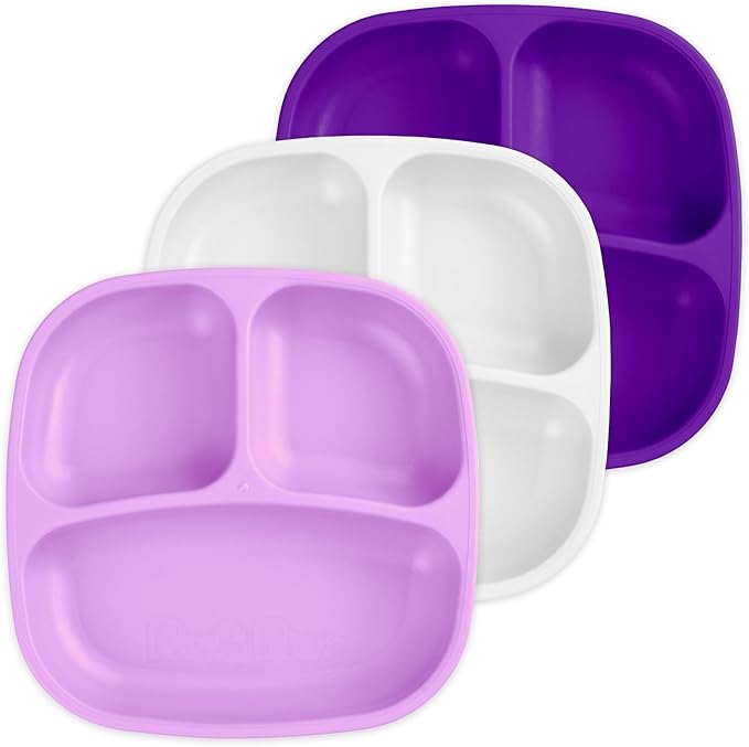 Re-Play Made in USA 7" Deep Walled Divided Plates for Kids, Set of 3 - Reusable 3 Compartment Plates, Dishwasher and Microwave Safe - 7.37" x 7.37" x 1.25", Violet