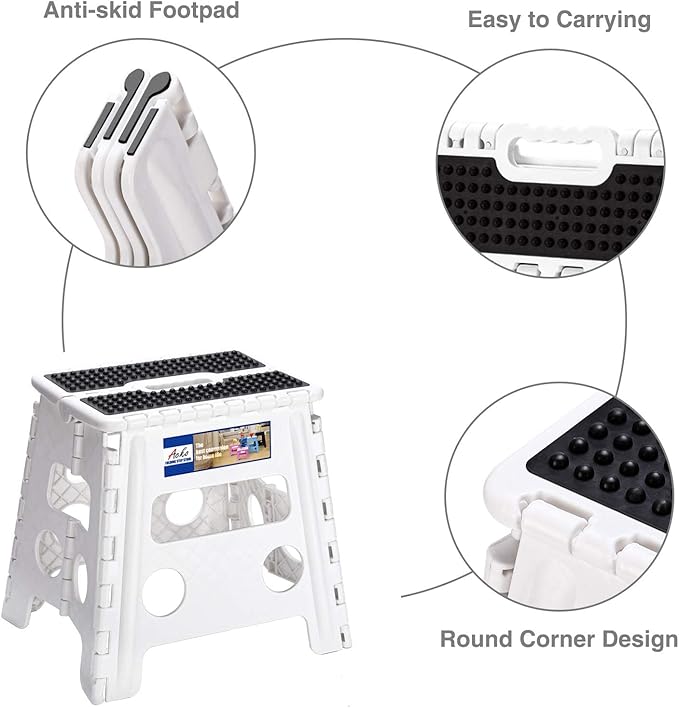 ACKO Folding Step Stool - 13" Height Premium Heavy Duty Step Stools for Adults and Kids, Upgrade Step Stool Kitchen Garden Bathroom Stepping Stool (White)