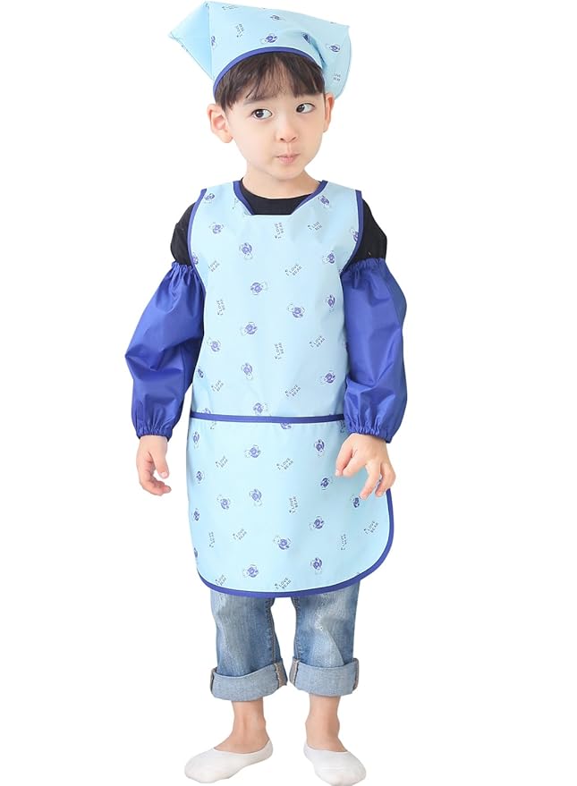 Children Waterproof Artist Painting Aprons or Art Smock 3PCS Set Blue Bear (36-L)