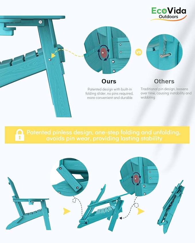 3-Piece Folding Adirondack Chair Set - 38" Extra Tall Back & Embossed Wood Grain, Oversized HDPE Patio Furniture with Side Table & Cup Holders, 380lb Heavy Duty, Aruba Blue