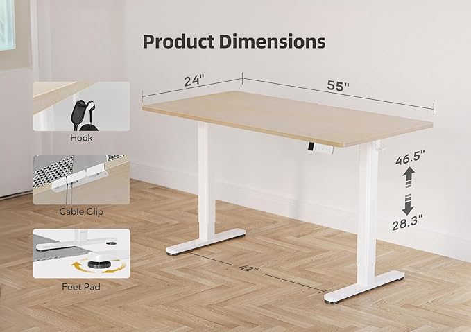 YDN Electric Standing Desk Adjustable Height, 55 x 24 Inches Stand up Desk with Cable Management, Home Office Desks with Splice Board & White Frame, Nature Top