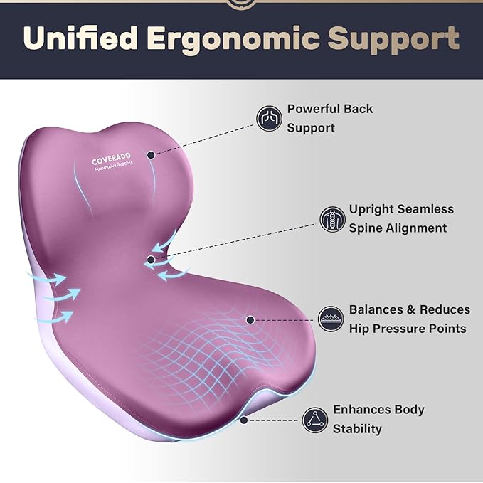 Coverado Car Seat Cushion and Lumbar Support Pillow One Piece, Memory Foam Ergonomic Back Support Driving Seat Cushion for Back Pain, Non-Slip Washable Cushion for Car, Driver, Office
