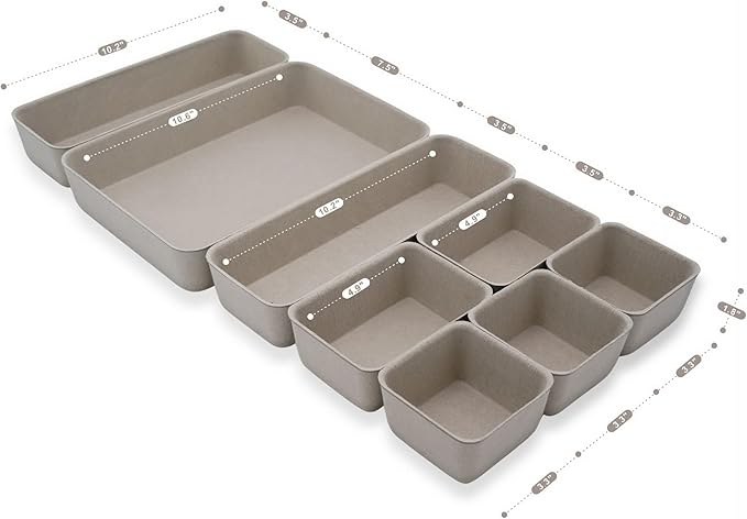 Welaxy Desk Drawer organizer trays Felt storage bin Sleek Minimalist Lifestyle chic aesthetics room décor for home office dorm closet decluttering 8-piece (Stone)