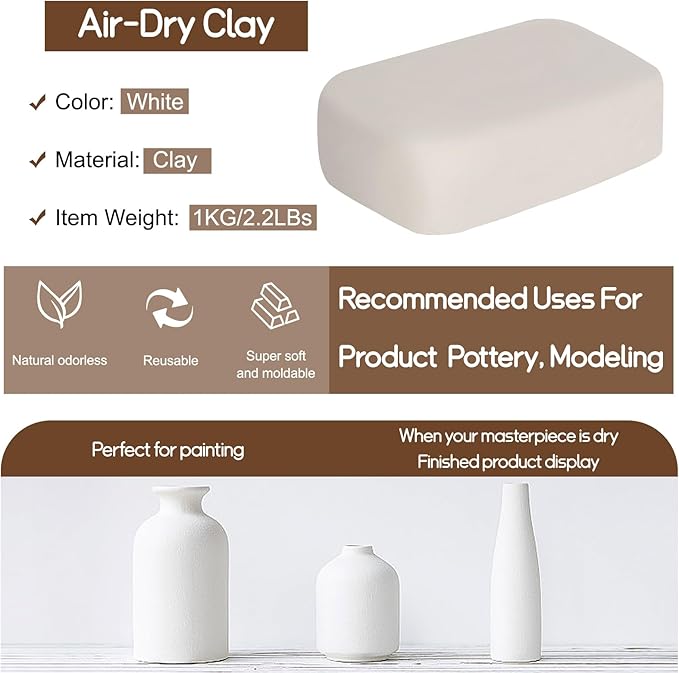 Katech Air-Dry Clay Kit for Adults-Pottery Clay 2.2LBs with 23 Pcs Ceramics Clay Sculpting Tool Set-All-Purpose Modeling Clay-No Cracking Air Clay-Ideal for Beginners and Professionals (White)
