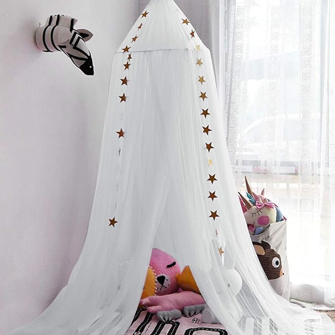 Jolitac Princess Bed Canopy for Girls Room Decor Round Lace Mosquito Net Play Tent Reading Nook Canopies Yarn Girl Dome Netting Castle (White)
