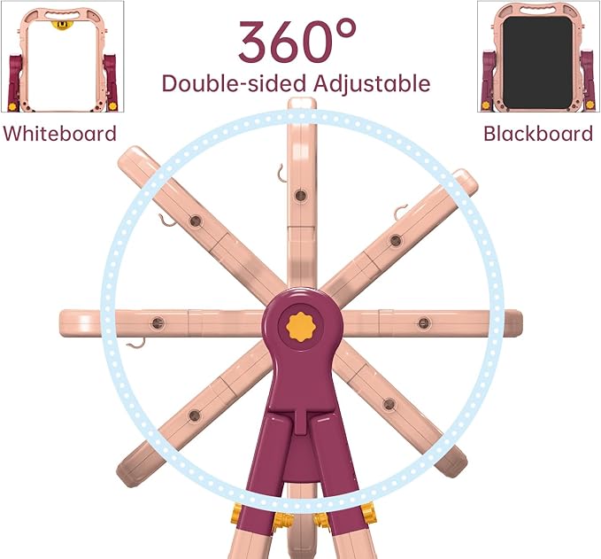 Art Easel for Kids with Magnetic Drawing Board, Double Sided Easel with Magnetic Letters & Numbers Easel, Adjustable Standing Easel for Toddler, Creative Play for Kids (Pink)