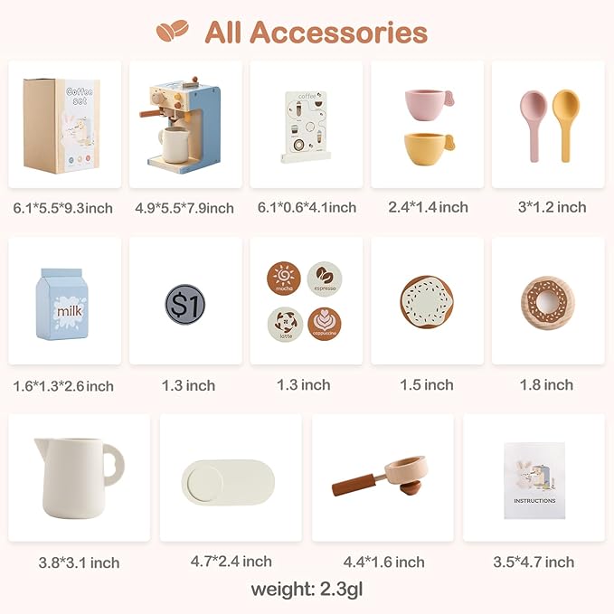 EERKEOD Toy Coffee Maker for Kids Wooden Kids Coffee Maker Playset for Toddlers Play Kitchen Accessories Gift for Girls and Boys
