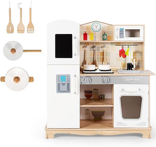 HOMGX Little Chef Toy Kitchen Set, Kids Kitchen Playset w/Microwave, Faucet, Stove, Realistic Light & Sound, Cookware Accessories, Toddlers Cooking Toyset, Gift for Boys Girls Age 3+