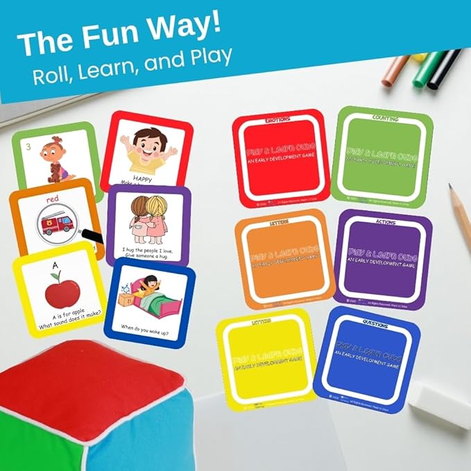 Play and Learn Cube roll Play Game for Toddlers 1st Learning Game Teaches Colors and Numbers Emotions Language roll Cube Pick Card and Have Fun Games