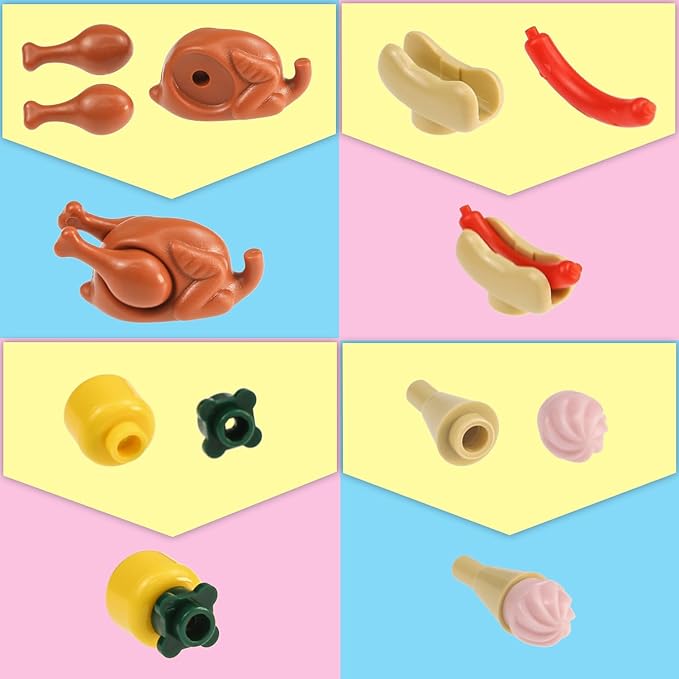 188pcs City Food Bricks Set, Picnic Toys Friends Kitchen Fram Restaurant DIY Pieces Parts Ice-Cream-Cupcakes Turkey-Banana-Carrot-Bread Basket Fish
