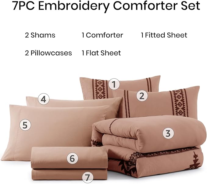 MaiRêve Embroidery Comforter Set, Boho Farmhouse Western Bedding Set, All Season Bed in A Bag Comforter Set with Sheets, Pillowcases & Shams, Dusty Pink Queen 7 Pieces