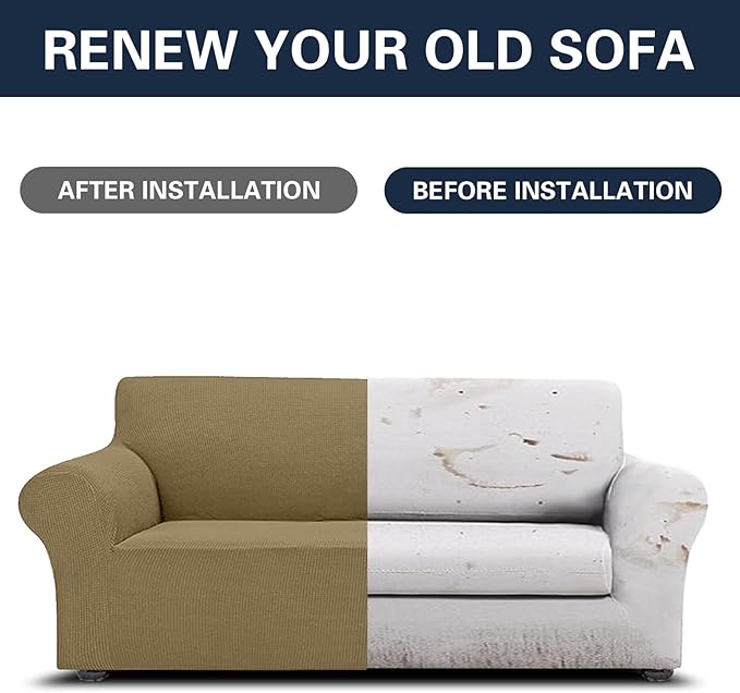 2025 New Stretch Sofa Slipcovers Couch Cover for 3 Cushion Furniture Protector Sofa Covers with Elastic Bottom Jacquard Fabric Small Checks for Pets, Kids -Sofa, Tan