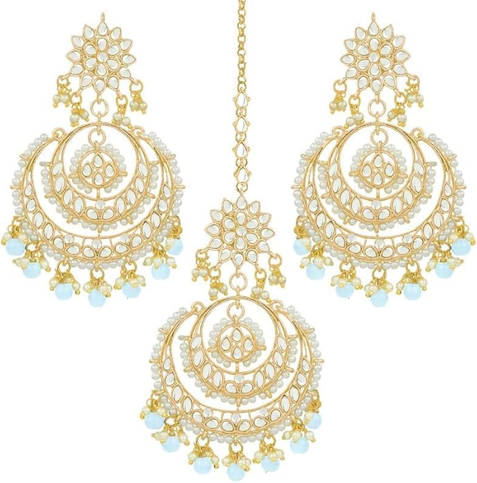 Aheli Bollywood Ethnic Chandbali Style Big Earrings Maang Tikka Set Traditional Fashion Jewelry Gift for Women