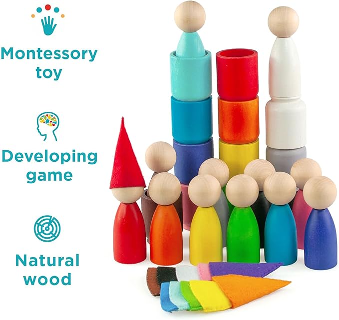 Ulanik Large Peg Dolls in Cups with Hats Toddler Montessori Toys for 3 Year Old + Wooden Waldorf Dolls for Learning Color Sorting and Counting — 12 Gnomes