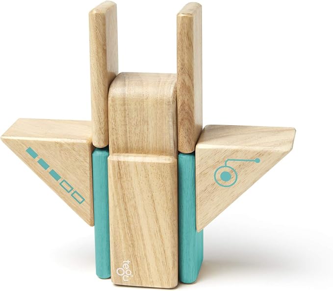 Tegu Robo Magnetic Wooden Block Set, Electric Aqua, 8 PIECE