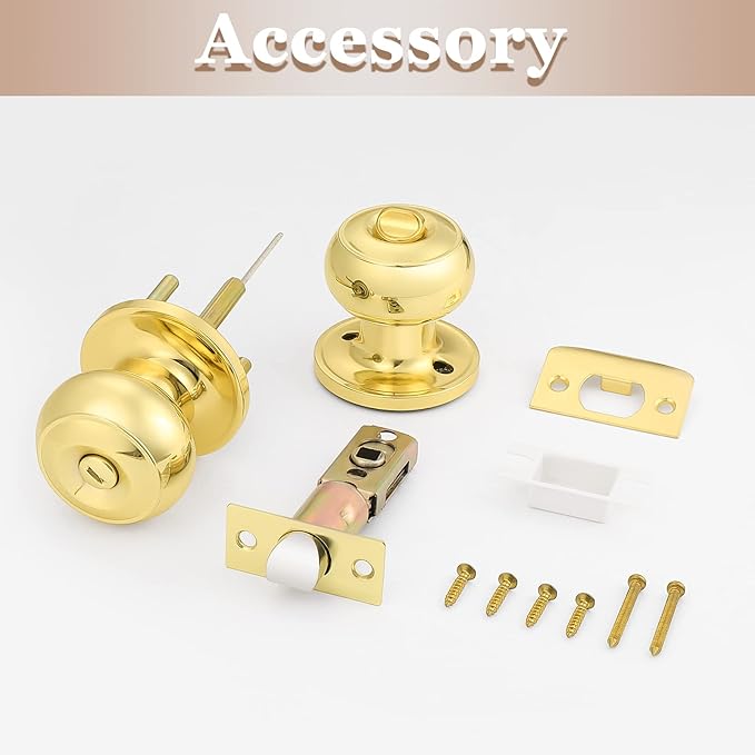Probrico Privacy Door Knobs Lock Interior Bedroom Bathroom Door Handle Polished Brass Round Ball Keyless Lockset 5 Pack