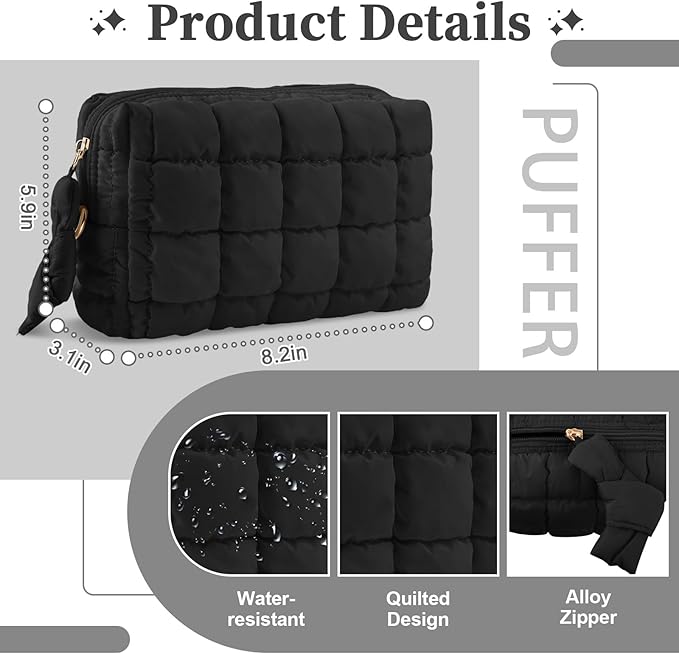Puffer Quilted Makeup Bag Cosmetic Bags,Puffy Travel Toiletry Pouch for Women,Cute Checkered Zipper Bag Travel Essential,Portable Aesthetic Make up Organizer Bag for Gifts Work Daily(Black,M)