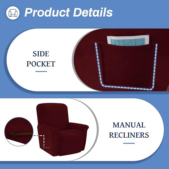 WEERRW Velvet High Stretch Recliner Chair Cover 1 Piece Recliner Couch Cover, Washable Furniture Protector with Non Slip Elastic Bottom for Kids and Pets, Burgundy