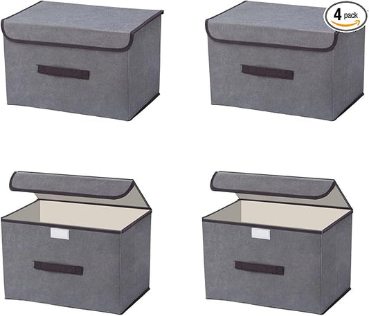 4 PCs Fabric Storage Bins with Lids, Foldable Closet Organizers and Storage, Clothes Storage, Clothes Organizer, Gray, Stackable Storage Bins with Handles for Home, Office, Bedroom, Dorm
