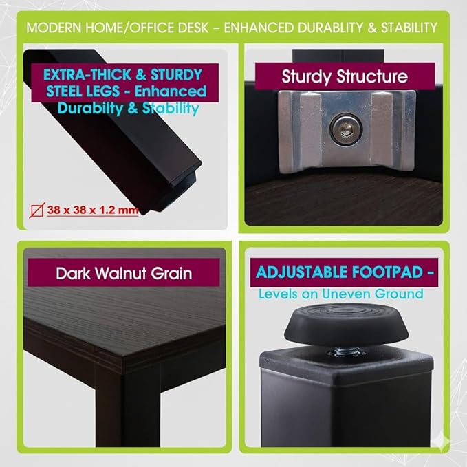 55 inch Large Computer Desk Wood, Modern Simple Style Desk for Home Office, Bedroom, Study Student Writing Desk, Small Spaces, Black Metal Frame, Dark Walnut Top