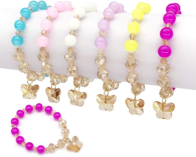 Elesa Miracle 6pc Little Girl Teens Kids Butterfly Pendant Beaded Bracelet Value Set Kids Girl Party Favor Pretend Play Bracelet