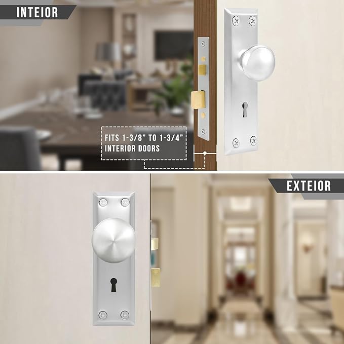 Vintage Door Knob with Lock for Interior Doors Brushed Nickel, Antique Brass 1 Pack Mortise Lock Set, Old Fashioned Bathroom & Bedroom with Skeleton Key for Old House Doors