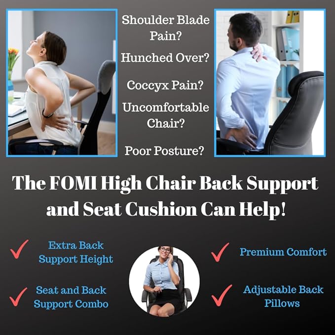FOMI Gel High Chair Back Support and Seat Cushion | Adjustable Lumbar Pillow Placement for Upper Lower Thoracic, Coccyx, Pressure Sore Pain Relief | for Car, Office Chair, Gaming | Posture Aid