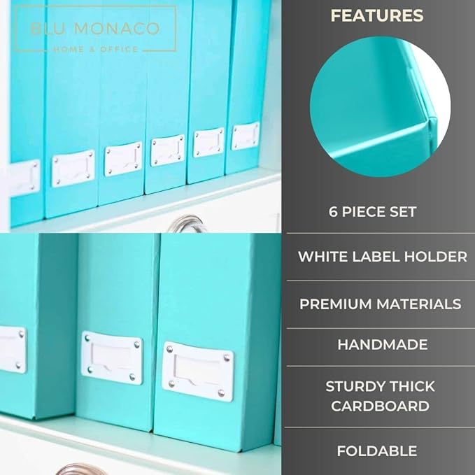 BLU MONACO Set of 6 Aqua Magazine File Holders | Foldable Magazine Storage Boxes with White Leather Label Holders | Vertical File Organizer for Desk, Shelves & Home Office