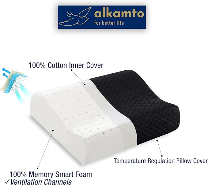 alkamto Travel & Camping Comfortable Memory Foam Pillow – Easy to Carry Portable Bag – Temperature Regulating Pillow Case (Black Contour + Extra Cover)