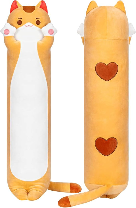 Mewaii Long Cat Plush Kawaii Kids Plush Toy Pillows, Cute Cat Stuffed Animals Soft Plushies, Kitten Big Plush Toys Throw Body Pillow Doll Gift for Girls Boys (Brown Cat Body Pillow 20 Inch)