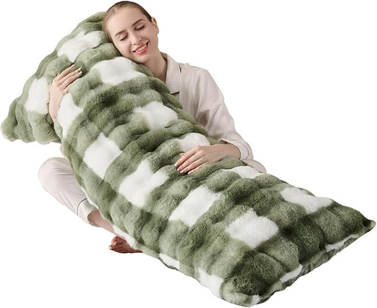 Luxury Shaggy Faux Fur Body Pillow,Fluffy Bed Pillow with Zipper Closure,Soft Decorative Plush Full Long Pillows,Fuzzy Hug Pillow for Living Room Side Sleeper & Pregnancy 20"x54" Sage Green Grid Print