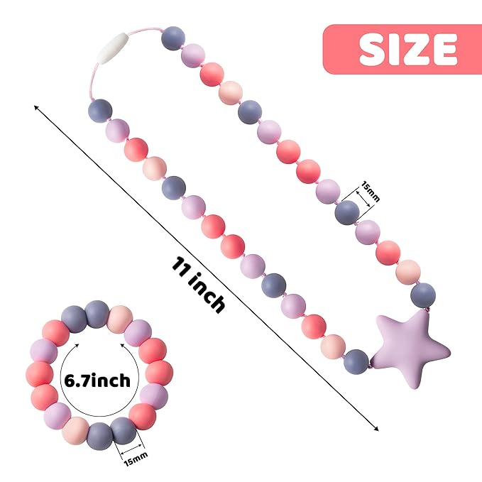 Sensory Necklace Bracelet for Baby - 2Pcs Cute Silicone Teething Jewelry for Kids, Sensory Jewelry Toys Baby Shower Gifts for Kids Infants Baby Boy Girl