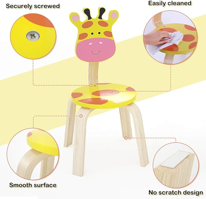 iPlay, iLearn 2 PCS Wooden Kids Chair Sets, Natural Hardwood Giraffe & Cow Animal Children Chairs, Furniture Set for Toddlers Kids Boys Girls, Stackable for Playroom, Nursery, Preschool, Kindergarten