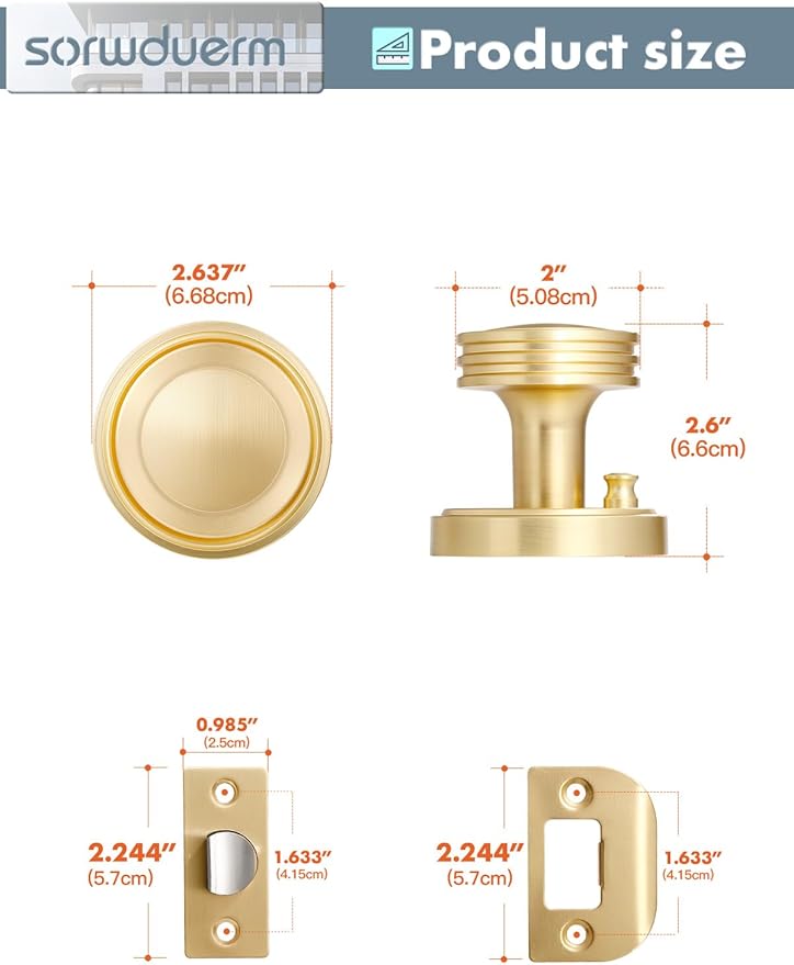 2 Pack Gold Door Knob Privacy Door Knobs Satin Brass Door Handle Interior Brushed Gold Door Knobs with Lock for Bedroom and Bathroom Zinc Alloy