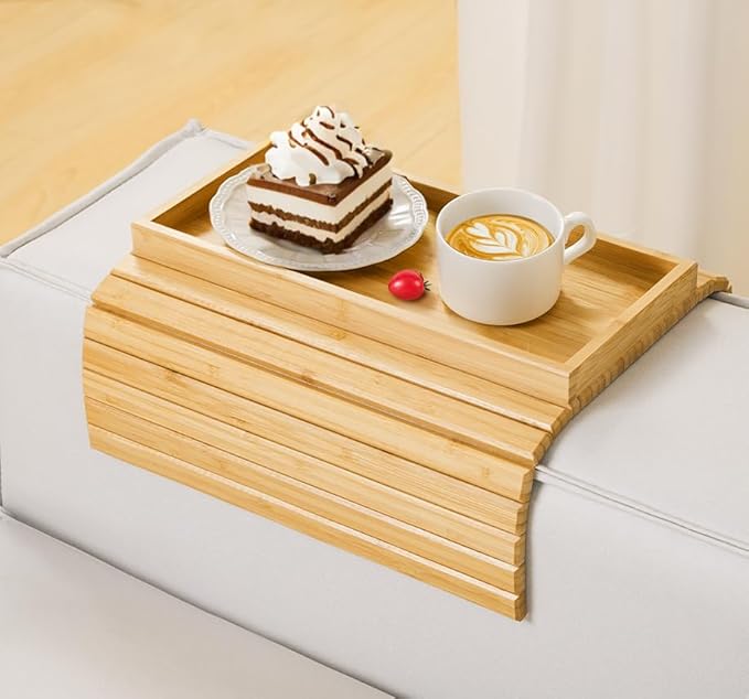 Couch Arm Tray, Bamboo Sofa Tray Table for Couch, Sofa Armrest Table, Anti-Slip Armrest Organizer, Foldable Couch Cup Holder for Snacks, Phone, Control, Cups, Natural