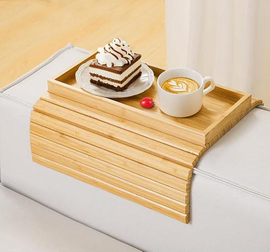 Couch Arm Tray, Bamboo Sofa Tray Table for Couch, Sofa Armrest Table, Anti-Slip Armrest Organizer, Foldable Couch Cup Holder for Snacks, Phone, Control, Cups, Natural