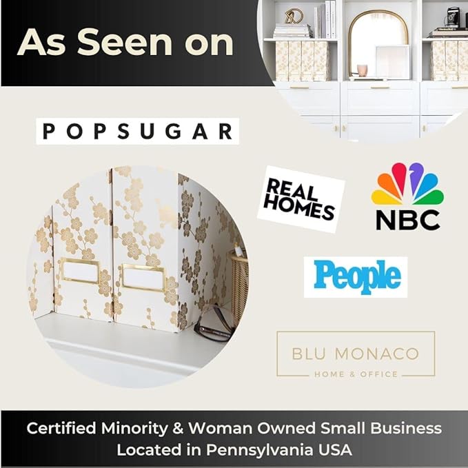 BLU MONACO | Set of 4 Foldable Magazine Storage Boxes with Gold Floral Pattern | Decorative Vertical File Organizers with Gold Label Holders for Desk, Shelves & Home Office