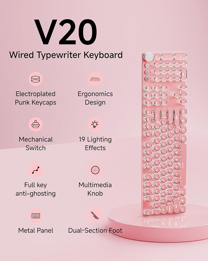 EWEADN Typewriter Style Mechanical Keyboard, Wired Typewriter Keyboards,104 Keys Backlit LED Metal Keyboards, Media Control Knob, Wired Computer Keyboard White Switch for Windows/Mac/PC-Dark Pink