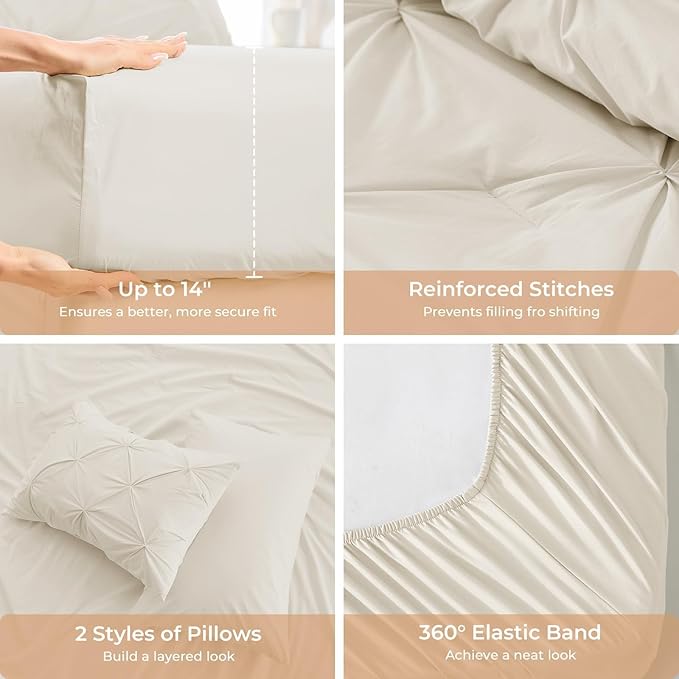 Sasttie Twin Comforter Set, 5-Piece Bed in a Bag, Pintuck Bedding Sets for All Season, Includes Comforter, Flat Sheet, Fitted Sheet, Pillowcase and Pillowsham, Beige