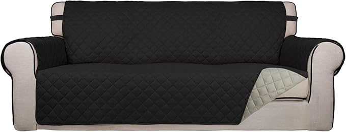 PureFit Reversible Quilted Sofa Cover, Water Resistant Slipcover Furniture Protector, Washable Couch Cover with Non Slip and Elastic Straps for Kids, Dogs, Pets (Oversized Sofa, Black/Beige)