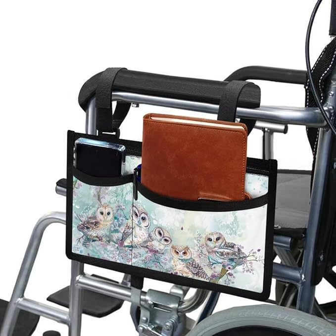 ZOUTAIRONG Cute Owl Wheelchair Side Bag Walker Accessories Bag with Cup Holder Walker Carrier Bag Case for Folding Walker Wheelchair Bags to Hang on Side Wheelchair Accessories Pouch for Walkers