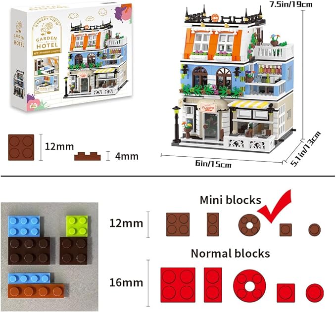 City Garden Hotel Building Blocks Toys Sets, City Street House Construction Toys with LED, 1300 Pieces Mini Bricks (Not Compatible with Lego)