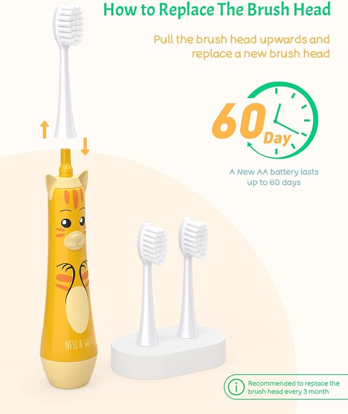 NELL&WELL Kids Electric Toothbrush, 2-Min Timer, 3 Modes with Memory, IPX 7 Waterproof, Battery Powered Kids Toothbrush with 3 Soft Bristles Heads for Children Boys and Girls Ages 3+