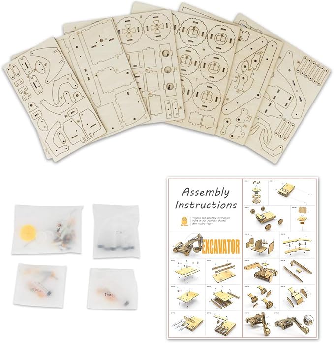 Mini Tudou 3D Wooden Construction Excavator Vehicle Toys Set, STEM Science Kit with Air Pressure System to Build A Wood Excavator Model Including 3 Replaceable Gripper & Digger for Kids Boys Girls