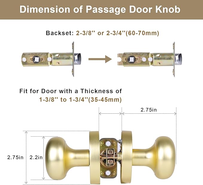 Passage Interior Door Knobs, Gold/Brass Door Knob for Hall and Kitchen, No-Locking Vintage Round Design Door Handle, Zinc Alloy 1 Pack