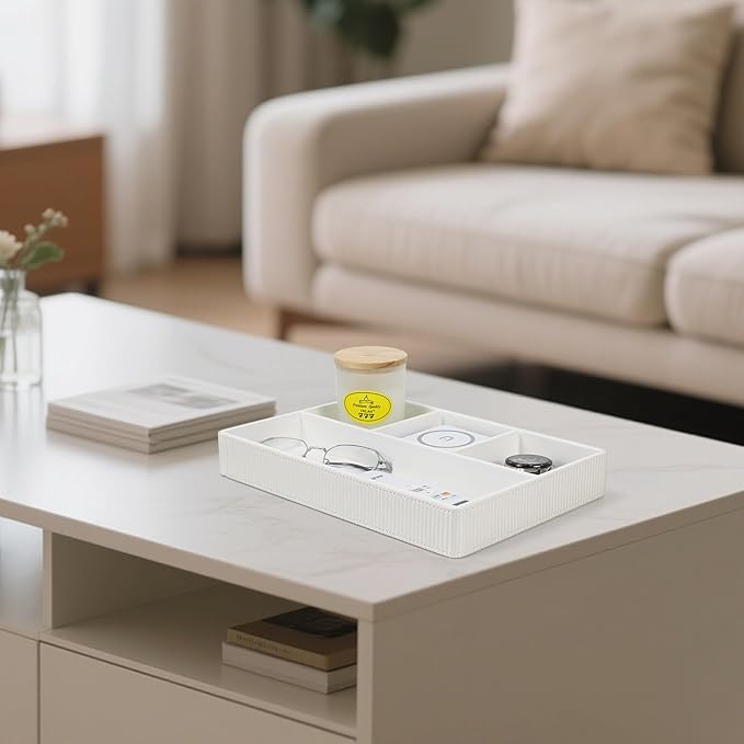 Buqoo PU Valet Storage Tray, Office Supplies Organizer, Stackable Desktop Organizer and Accessories Drawer Organizer for Storing Office Supplies, Jewelry, Cosmetics, White